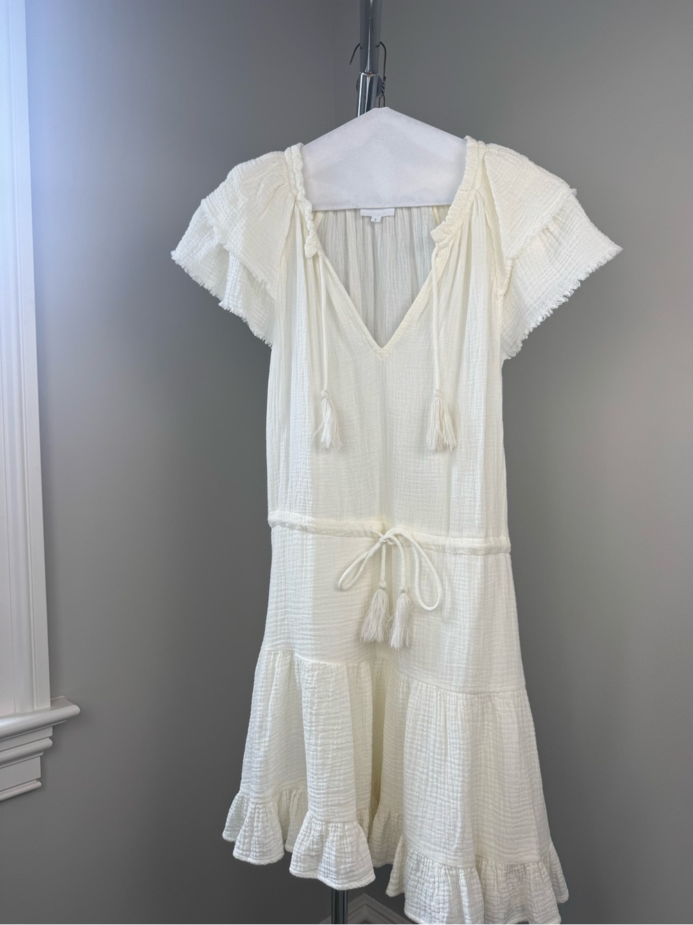 sundays Ivory Tassel Tie Tiered Mini Dress